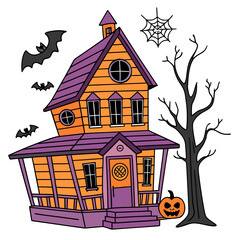 Cartoon Halloween House With Bats Pumpkin And Spiderweb Keywords: halloween, haunted house