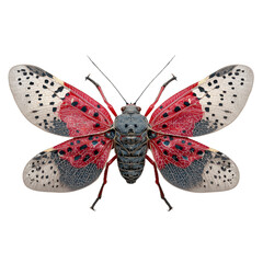  Spotted lanternfly with gray wings and red underwings isolated on transparent White background p