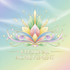 Ornate floral lotus design with upward arrows and text Personal Achievement on a gradient background