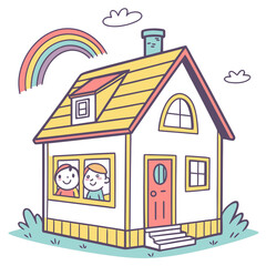 Cartoon House with Children and Rainbow home building
