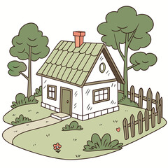 Cartoon house with green roof and fence on white background Keywords: house, home, cottage