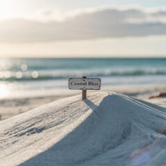 Rustic wooden sign with Coastal Bliss text stands on a sand dune overlooking a calm ocean