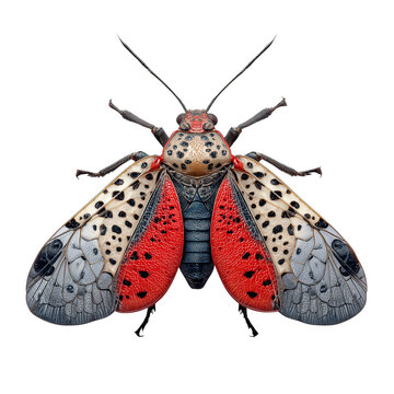  Spotted lanternfly with gray wings and red underwings isolated on transparent White background p