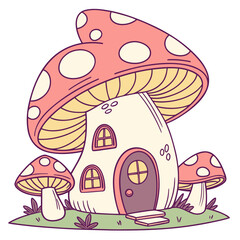 Cartoon mushroom house with smaller mushrooms and grass