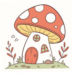 Cartoon Mushroom House with Red Cap and Plants Keywords: mushroom, house, fairy, home, fantasy