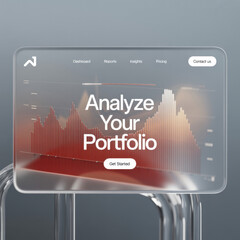 Glass interface displaying financial charts and Analyze Your Portfolio text with navigation