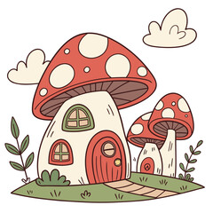 Cartoon mushroom house with red spotted cap and fluffy clouds