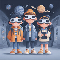 A children in virtual reality glasses are looking at space, the solar system with planets