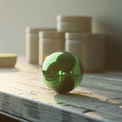 Shiny green spherical container with 'FRESH' label on a rustic wooden surface
