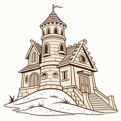 Cartoon stone castle on a hill with flag fantasy drawing