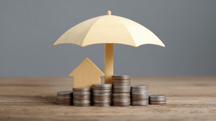 Wooden umbrella protecting a small wooden house above stacks of coins on a rustic wooden surface, representing financial security and investment concepts