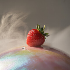 Single ripe red strawberry with dewdrop on iridescent surface against abstract background