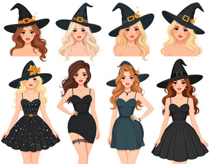 set of pin up girl illustrations in halloween witch ha