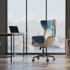 Modern office chair with sky cloud pattern sits near a desk with a laptop