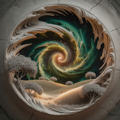 Surreal landscape framed by stone featuring rolling hills bare trees and a vibrant swirling nebula