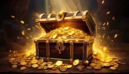 open treasure chest overflowing with gold coins open treasure chest full of gold coins