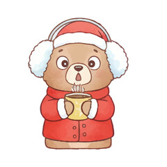 watercolor cute cartoon  bear is drink coffee at christmas 