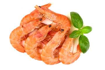 Cooked Shrimp with Basil, isolated on white background