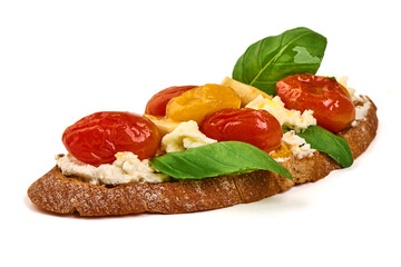 Tomato Bruschetta, Basil, Ricotta Cheese, isolated on white background