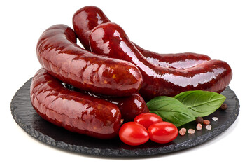 Smoked Sausages with Tomatoes and Basil, isolated on white background