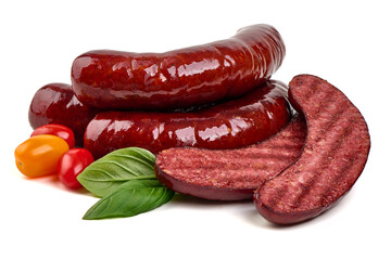 Grilled Sausage with Tomatoes and Basil, isolated on white background