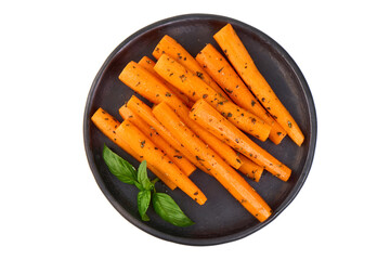 Glazed Carrots with Basil on Plate, isolated on white background