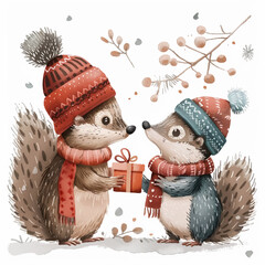 Christmas card with squirrels giving gifts. cute illustration, vector picture