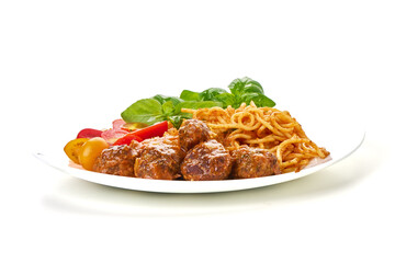 Spaghetti with Meatballs, Tomatoes and Basil, isolated on white background