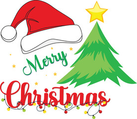 Merry christmas greeting with santa hat and decorated christmas tree