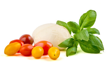 Mozzarella, Basil, Tomatoes, isolated on white background