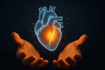 Embracing the Essence of Life: Delicate hands cradle a radiant depiction of a human heart, a captivating visualization of well-being and the embodiment of life.
