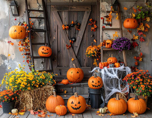 Whimsical Halloween decorations featuring pumpkins, ladders, and spooky elements in