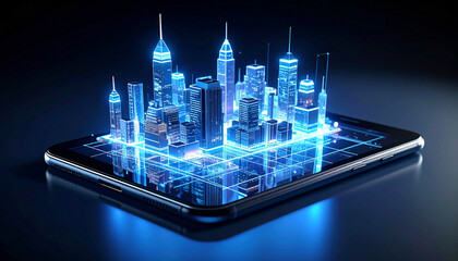 Cyber City on Digital Tablet: A futuristic cityscape with glowing neon lights emerges from a sleek digital tablet, symbolizing the innovative intersection of technology and urban development.