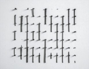Black and white close up of metal nails hammered into a white surface