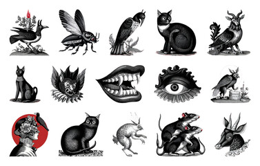 Obraz premium PNG Vintage surreal animal illustrations, element set on transparent background