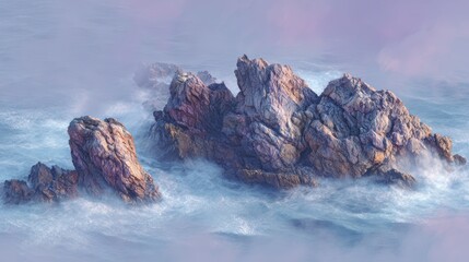 Rocky island in misty waters scenic landscape artistic impression