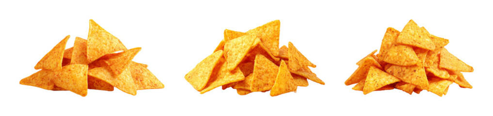 Fototapeta premium Three Piles Of Crispy Golden Tortilla Chips Isolated On Black, Perfect For Snacks, Appetizers, And Food Design PNG set Transparent backround