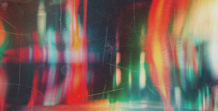 Old film light leaks texture with scratches, noise, iridescent light. Rainbow lens flare effect, camera film filter with bokeh, dust, grain. Distressed retro movie, photo burn effect. Vintage photo
