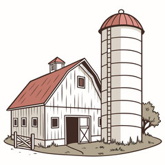 Farm Barn and Silo with Red Roof and Tree Keywords: barn, silo, farm, agriculture, rural