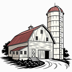Farm barn and silo with trees and a winding path agriculture © Mithu