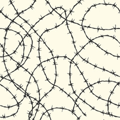 Realistic barbed wire illustration with sharp twisted metal lines, vintage engraving style.