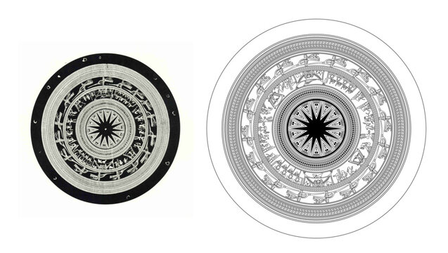 Ancient Vietnamese Dong Son Drum Face Intricate Line Art