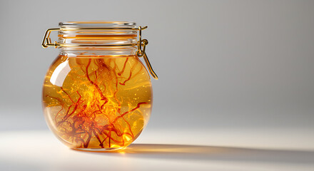Premium Saffron Threads Soaking in Water Inside a Round Glass Jar Luxury Spice Infusion for Gourmet Cooking and Natural Dyeing Close up Shot of Expensive Red Gold Crocus Sativus Herb Healthy Herbal Su