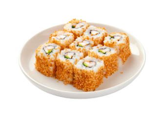 Delicious Sesame Seed Sushi Rolls on White Plate, Studio Shot, Isolated PNG set Transparent background