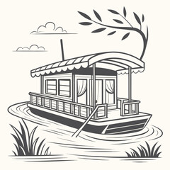 Houseboat on water illustration river lake