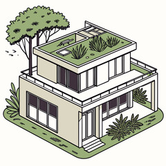 Isometric view of a modern house with green roof and tree