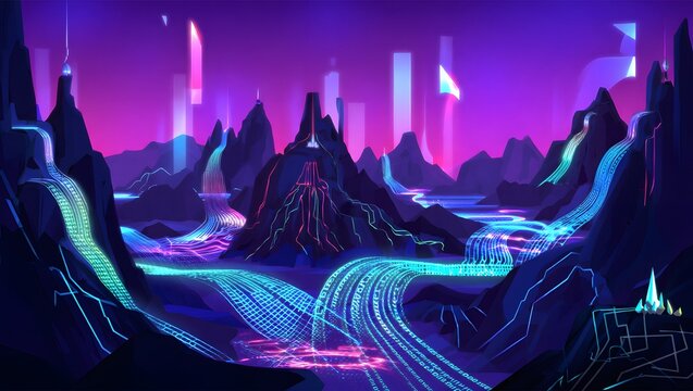 Cyberpunk Digital Data Landscape A Futuristic Vision of Mountains and Rivers Flowing with Information in a Vibrant Neon Palette