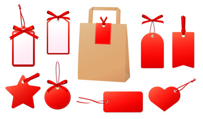 赤いギフトタグと紙袋のセット プレゼントやセールに使えるデザイン