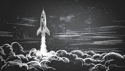 Rocket drawn in chalk on blackboard taking off through stars symbolizing creativity, startup launch, innovation and limitless potential in future