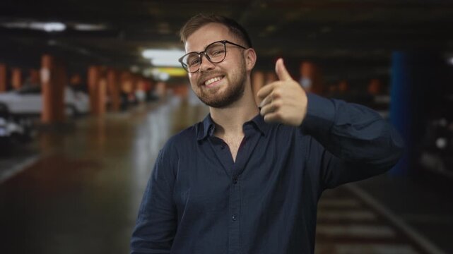 Man with glasses and beard smiling and giving thumbs up inside parking building near cars wearing a navy shirt; optimism.